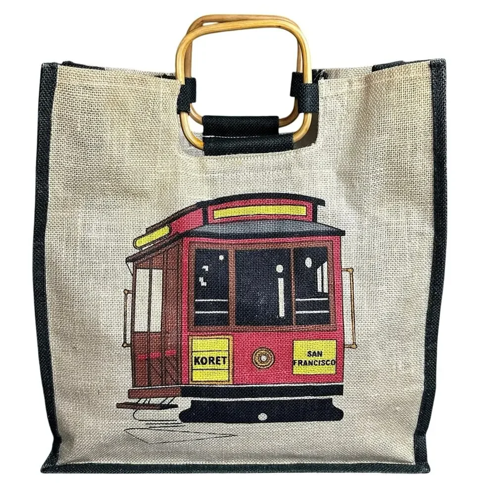 Vintage burlap tote San Francisco cable car trolley bamboo handles by Koret 15”